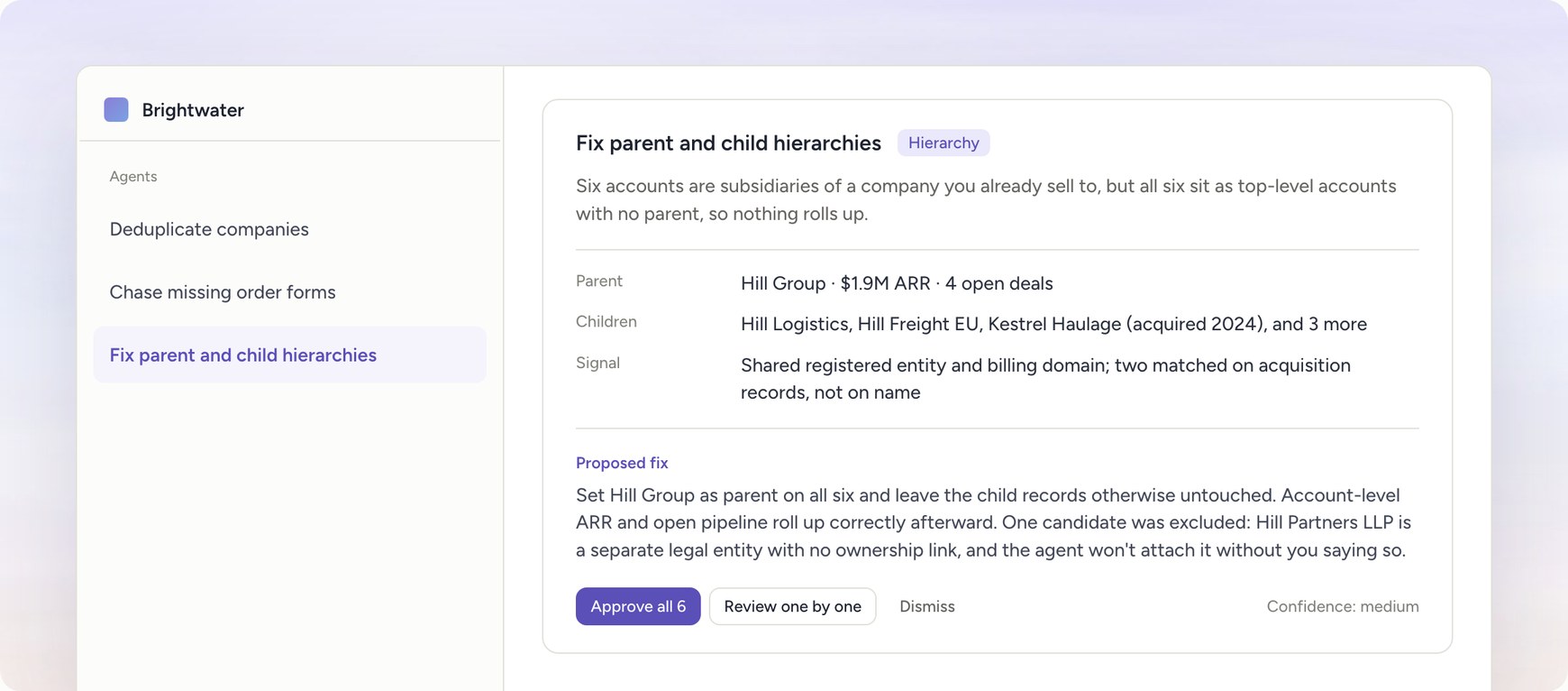 A proposed fix in Quill: set one parent on six subsidiary accounts and leave a separate legal entity alone, with the evidence for the match