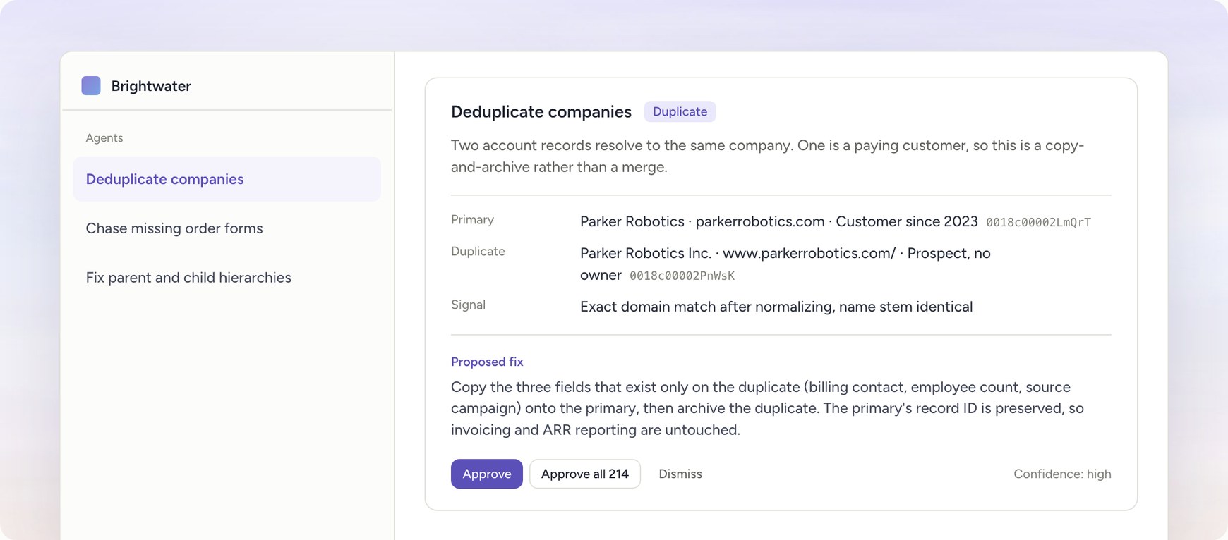 A proposed fix in Quill: copy three fields onto the customer record and archive the duplicate, with the evidence for the match